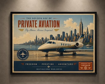 Private Aviation Poster | Vintage Business Jet Wall Art | Retro Aircraft Print | Pilot Decor | Aircraft Digital Download, Retro Plane Poster