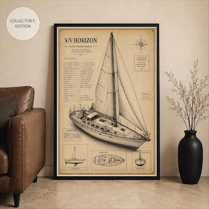 May include: A framed technical print titled S/V HORIZON featuring a detailed line drawing of a sailboat, including specifications, a sail plan, deck layout, and construction details on a vintage-style paper background with black ink text.