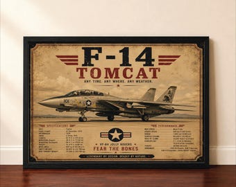 May include: A framed poster featuring an F-14 Tomcat fighter jet with the text F-14 TOMCAT, ANY TIME. ANY WHERE. ANY WEATHER., VF-84 JOLLY ROGERS, FEAR THE BONES, and LEGENDARY BY DESIGN. DEADLY BY NATURE. Includes technical specifications and performance data.