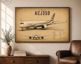 Airbus ACJ350 Vintage Blueprint, Airplane Technical Poster, Premium Aviation Decor, Vintage Aircraft Wall Art, Retro Aircraft Drawing Art,