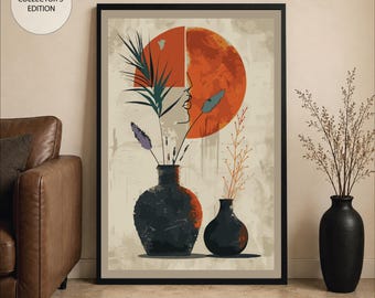 Può includere: Una stampa d'arte incorniciata che presenta un disegno al tratto di una silhouette di profilo, due vasi scuri e steli botanici essiccati su uno sfondo beige con un grande cerchio arancione. La stampa include il testo Collector's Edition.
