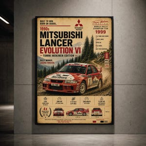 Mitsubishi Lancer Evolution Poster, Vintage-Rallyeauto-Wandbild, Evo 6 Druck, JDM-Automobilkunst, Rallye-Rennposter, japanisches Auto-Kunstwerk