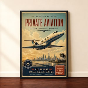 Aircraft Aviation Poster, Vintage Business Jet Wall Art,  Airplane Print, Luxury Aircraft Decor, Pilot Gift, Retro Aircraft Poster Artwork