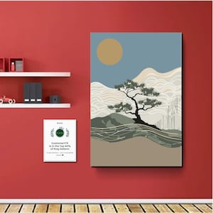 Minimalistisches japanisches Poster mit Kiefer, moderne Zen Landschaft, Wandbild mit abstrakten Wellen, druckbare asiatische Dekoration, japanische Kunst