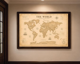 Vintage World Map Printable, Sepia Blueprint Map, Antique World Map Poster, Travel Map Wall Art, Cartography Print, Old World Digital Map