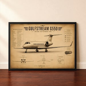 May include: A framed technical print of a Gulfstream G550 aircraft on a sepia-toned background. The poster features a side profile, front view, and top view of the jet, alongside detailed specifications, performance data, and engine diagrams.