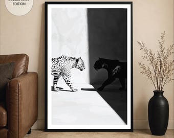 Modern Leopard And Panther Wall Art, Black White Wildlife Poster, Monochrome Animal Artwork,  Black Panther Print Download, Big Cat Poster