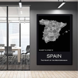 Spain Digital Map Poster Printable – Vintage Black and White Spain Map Wall Art – Minimalist Spanish Country Poster, Modern Spanish wall map