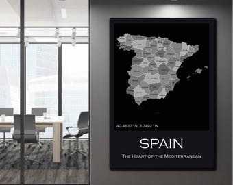 Spain Digital Map Poster Printable – Vintage Black and White Spain Map Wall Art – Minimalist Spanish Country Poster, Modern Spanish wall map