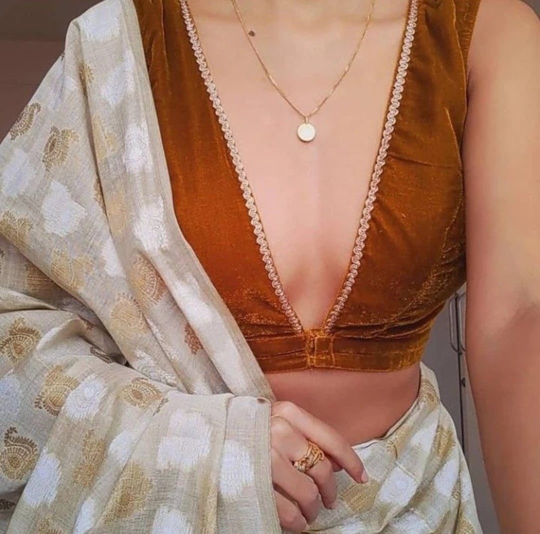 Brown Sari Blouse Sabyasachi Deep V Neck Blouse Designer Saree - Etsy