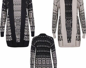 Womens Ladies Owl Print Knitted Long Sleeve Jumper Open Cardigan Plus Size 8 26 Womens Ladies Owl Print Knitted Long Sleeve Jumper Open Cardigan Plus Size 8 26