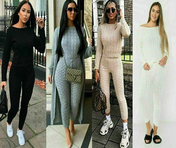Women Ladies Chunky Cable Knitted Polo High Neck Top Legging Loungewear Suit Set