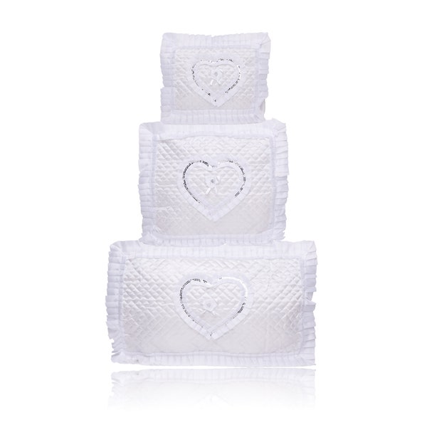 Çeyizlik Heart Fabric İşlemeli White Set of 3 Bohça, Nişan Gelin Damat Gift Damat Kutusu, Ceyiz Kutusu & Hediye Seti