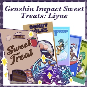May include: An illustration for Genshin Impact Sweet Treats: Liyue. The image features a brown paper bag with the words "Sweet Treat" and an apple illustration. There are also several character illustrations and a donut holes sign.