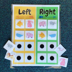 May include: A colorful educational game with the words "Left" and "Right" printed on the top. The game has two columns of images, with a fish, rabbit, elephant, and cat on the left side and a fish, elephant, fish, and cat on the right side. There are black dots below each image.