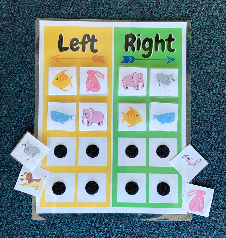 May include: A colorful educational game with the words "Left" and "Right" printed on the top. The game has two columns of images, with a fish, rabbit, elephant, and cat on the left side and a fish, elephant, fish, and cat on the right side. There are black dots below each image.