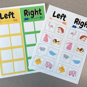 May include: Two printable worksheets with the words "Left" and "Right" at the top. Each worksheet has a grid of squares with arrows pointing to the left and right. The left side of each worksheet is yellow and the right side is green. The second worksheet has images of animals in each square.