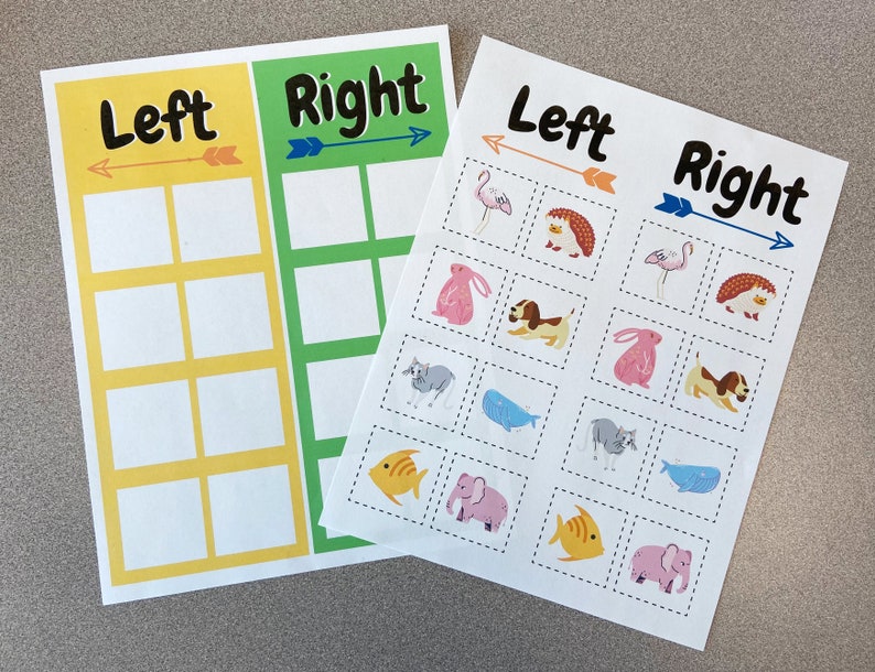 May include: Two printable worksheets with the words "Left" and "Right" at the top. Each worksheet has a grid of squares with arrows pointing to the left and right. The left side of each worksheet is yellow and the right side is green. The second worksheet has images of animals in each square.