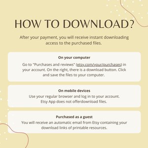 May include: A yellow background with brown text explaining how to download digital files purchased on Etsy. The text includes instructions for downloading on a computer, mobile device, and as a guest.