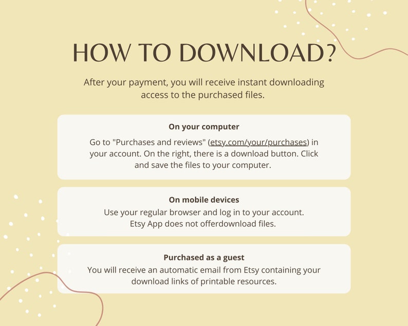 May include: A yellow background with brown text explaining how to download digital files purchased on Etsy. The text includes instructions for downloading on a computer, mobile device, and as a guest.