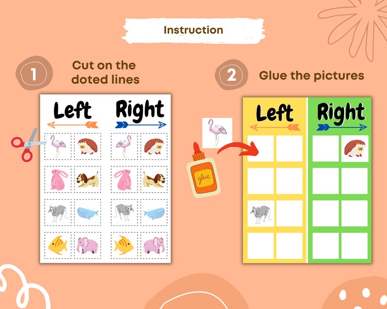 May include: A printable educational activity for kids to cut and glue pictures of animals. The worksheet has two columns labeled "Left" and "Right" with dotted lines to cut out the pictures. The instructions say "Cut on the dotted lines" and "Glue the pictures".