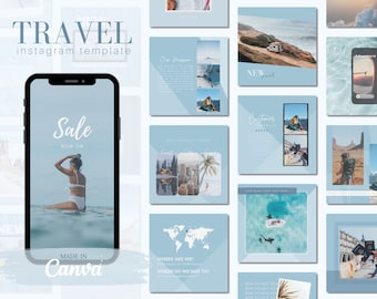Historias de Instagram de viajes - Instagram estético - Tema azul - Agente de viajes independiente - Plantilla Canva - Blogger - Marca empresarial