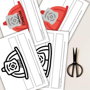 May include: Printable firefighter helmet craft for kids. The black and white outline of a firefighter helmet with a red and white badge is ready to be colored. The instructions include cutting out the pieces and taping or stapling them together to create a helmet.