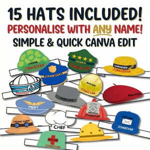 May include: An assortment of 15 paper hats, each representing a different profession, such as a soldier, police officer, and firefighter. The hats are personalized with the name "Johnathan". Text at the top reads "15 HATS INCLUDED!" and "PERSONALISE WITH ANY NAME!"