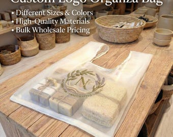 Bolsa de organza con logotipo personalizado para boutiques y embalajes de marca a granel.