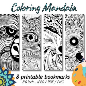 Adult Coloring bookmark Animalistic Printable bookmark Mandala Animals digital gift book club favor for woman Indian book mark Wolf Dog Cat