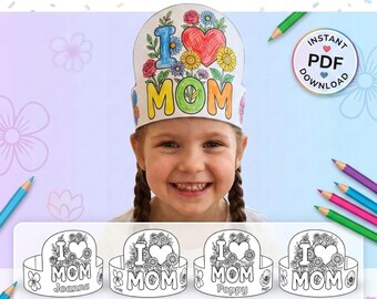 Manualidad imprimible de gorro "Amo a mamá" / Corona de papel para colorear del Día de la Madre / Actividad personalizada para el aula