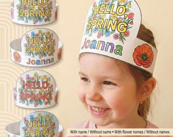 Corona de papel personalizada para primavera, con nombre editable y plantilla para colorear.