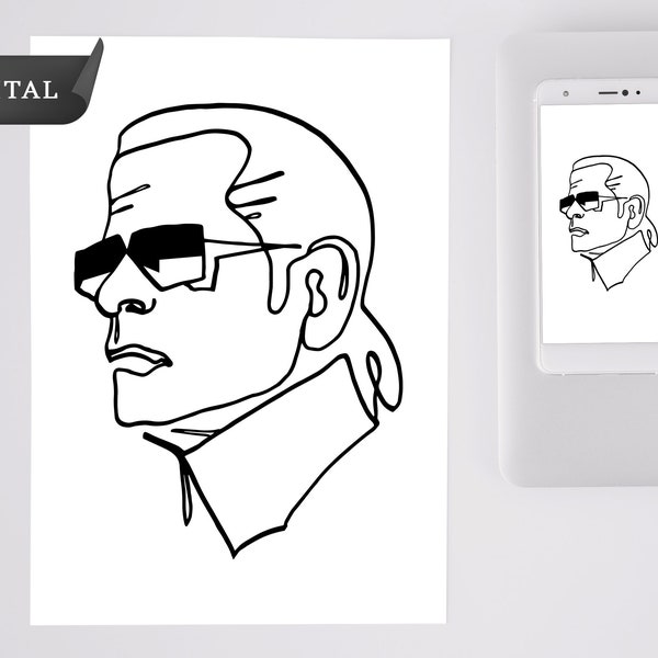 Karl Lagerfeld Line Art Digital Illustration, Portrait SVG, Fashion Icons Print, Line Art Drawing, Instant Download, Printable Wall Art