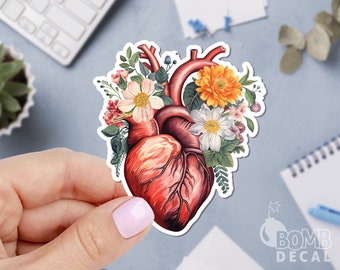 Anatomy Heart Flowers Sticker: Watercolor Science Decal
