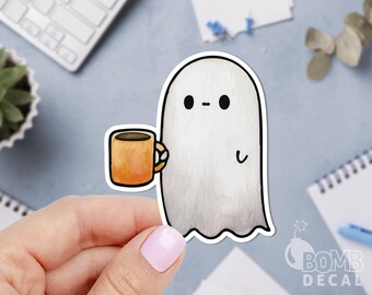 Ghost With Coffee Sticker: Laptop Decal