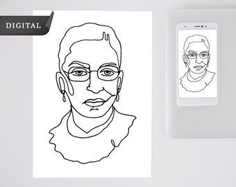 ルース・ベイダー・ギンズバーグの線画デジタルイラスト、ルース・ベイダーのSVG、ポートレート線画、即時ダウンロード、印刷可能な壁画