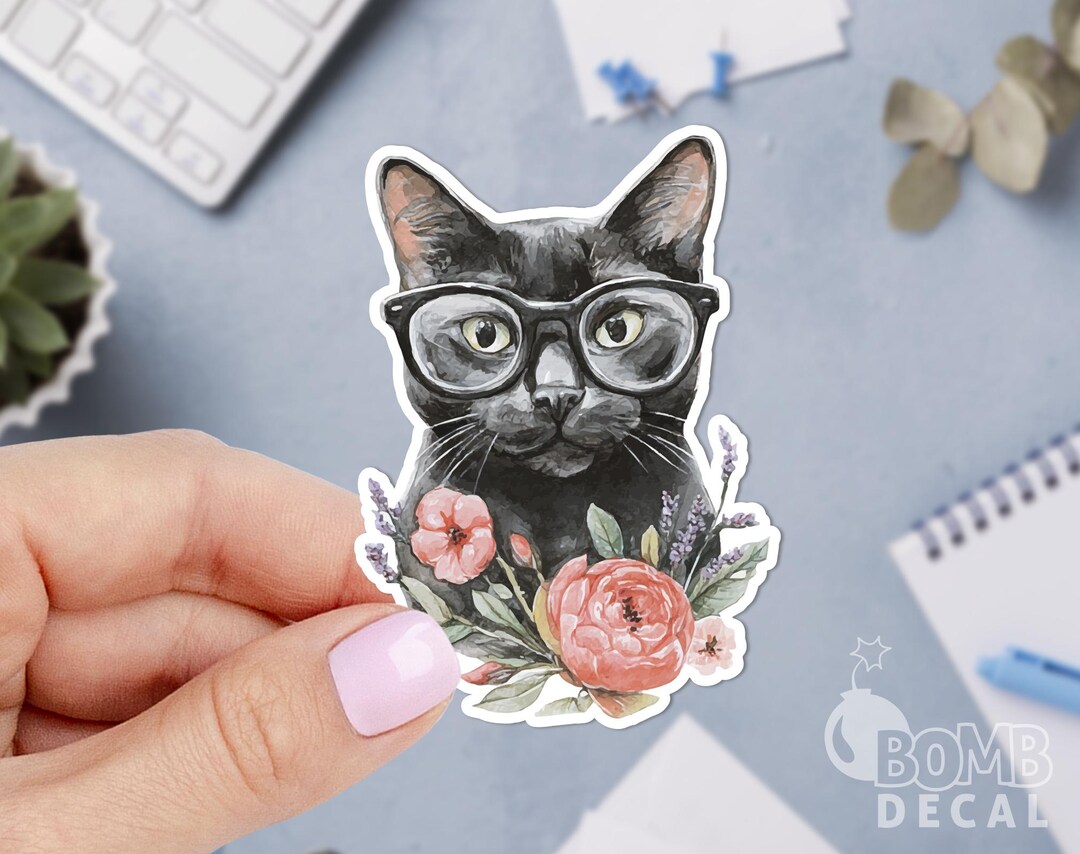 Black Cat Vinyl Sticker: Floral Watercolor Decal - Etsy