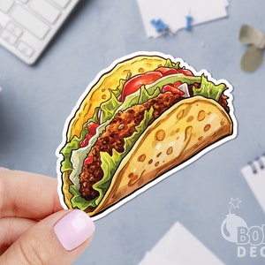 May include: A cartoon illustration of a yellow taco with lettuce, tomato, and meat filling. The taco is drawn in a watercolor style.
