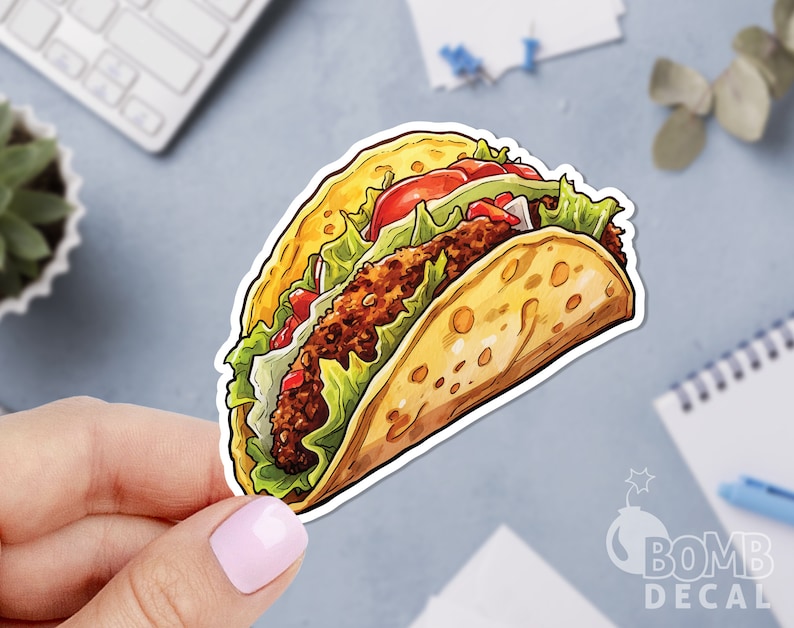 May include: A cartoon illustration of a yellow taco with lettuce, tomato, and meat filling. The taco is drawn in a watercolor style.