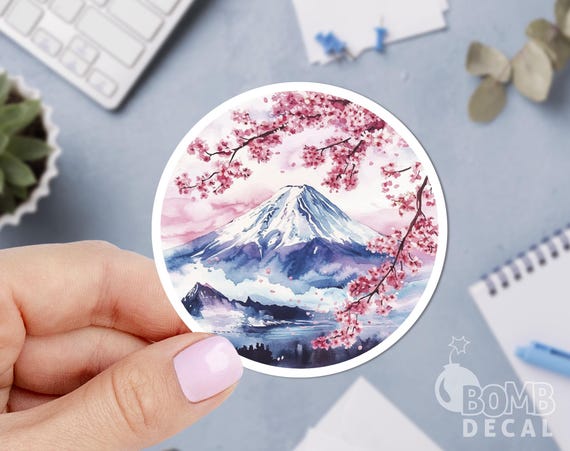 Japan Fuji Mountain Sticker, Fujiyama Sticker, Travel Sticker, Sakura Sticker, Laptop Sticker