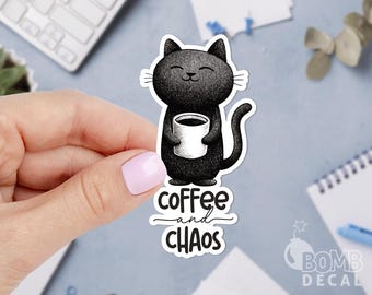Coffee And Chaos Sticker: Cat Laptop Decal
