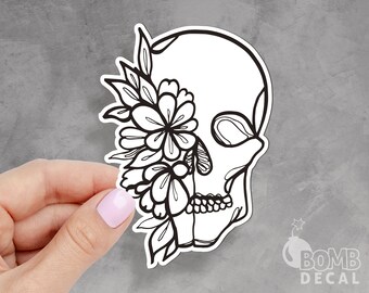 Skull Flowers Sticker, Skull Line Art Sticker, Floral Sticker, Scary Cute Sticker, Flowers Sticker, Cool Laptop Sticker