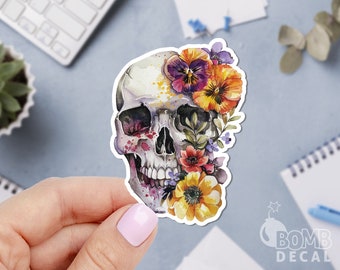 Skull Flowers Sticker, Skull Watercolor Sticker, Floral Sticker, Scary Cute Sticker, Flowers Sticker, Cool Laptop Sticker