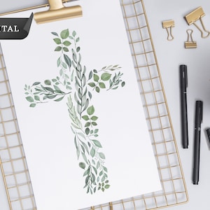 Plant Cross Digitale Illustratie, Afdrukbaar Kruis, Geloof Wall Art, Instant Download, Digitale Aquarel bestanden, PNG-bestanden