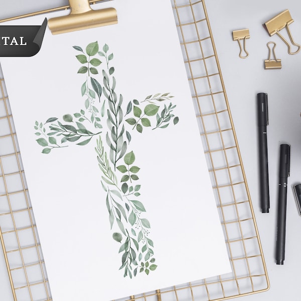 Plant Cross Digital Illustration, Printable Cross, Faith Wall Art, Instant Download, Digital Watercolor Files, PNG Files