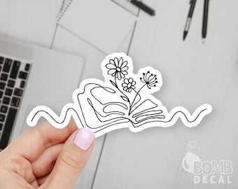 Book and Flowers Line Art Sticker - Vinyl Laptop Decal