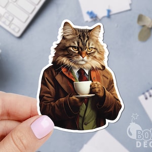 May include: A brown and white cat wearing a brown jacket, a green vest, and a red tie, holding a white teacup with a saucer. The cat has a serious expression on its face.