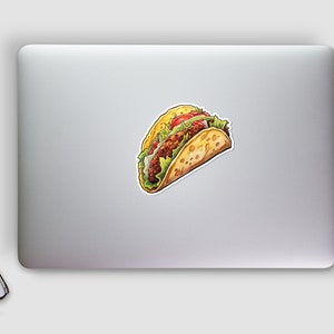 May include: A cartoon illustration of a taco with lettuce, tomato, and meat filling. The taco is on a white background.