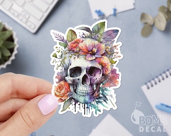 Skull Flowers Sticker, Skull Watercolor Sticker, Floral Sticker, Scary Cute Sticker, Flowers Sticker, Cool Laptop Sticker