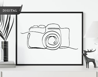 Fotocamera Line Art Drawn SVG, Illustrazione digitale del fotografo, Stampa disegno Line Art, Download istantaneo, Arte della parete stampabile